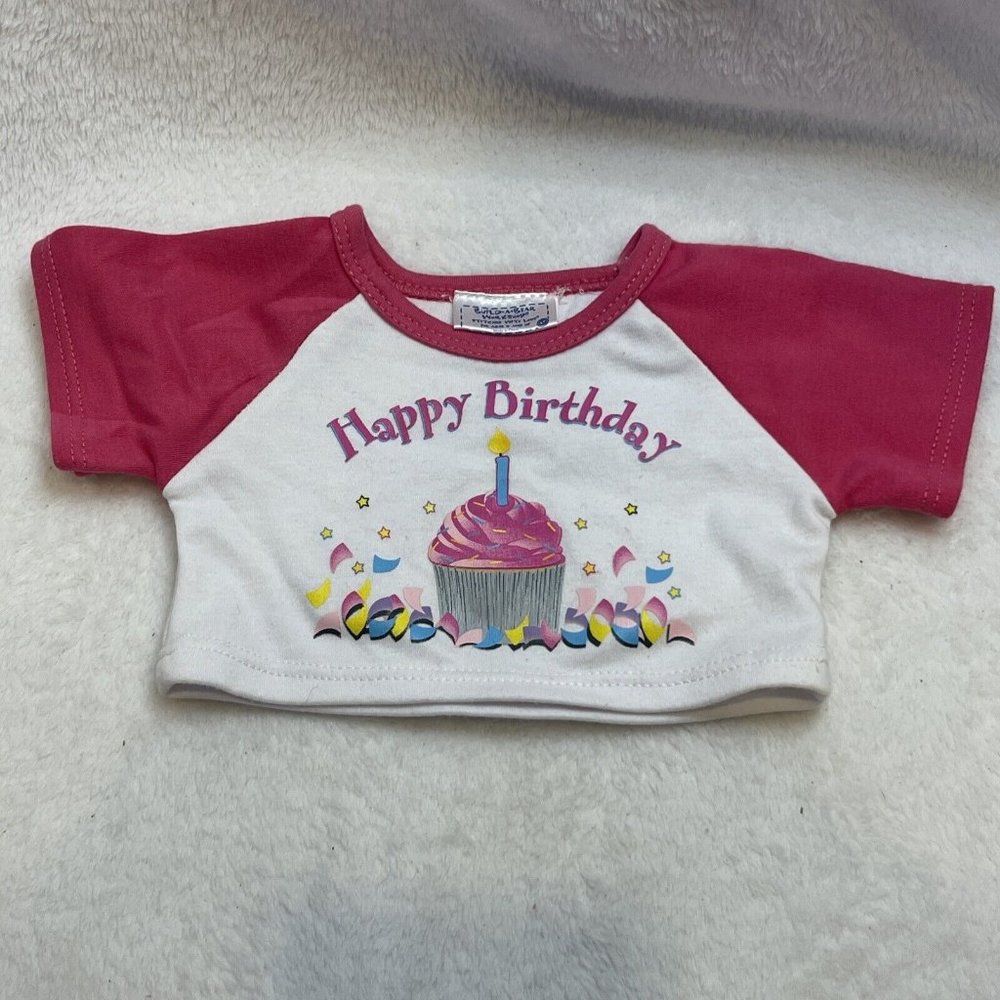 Build A Bear‎ Happy Birthday Shirt Pink Sleeves Cupcake